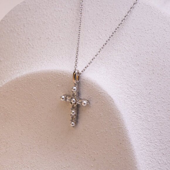 NWT Teresa Cross Necklace // Sterling Silver + Freshwater Pearls + CZ - Picture 2 of 4